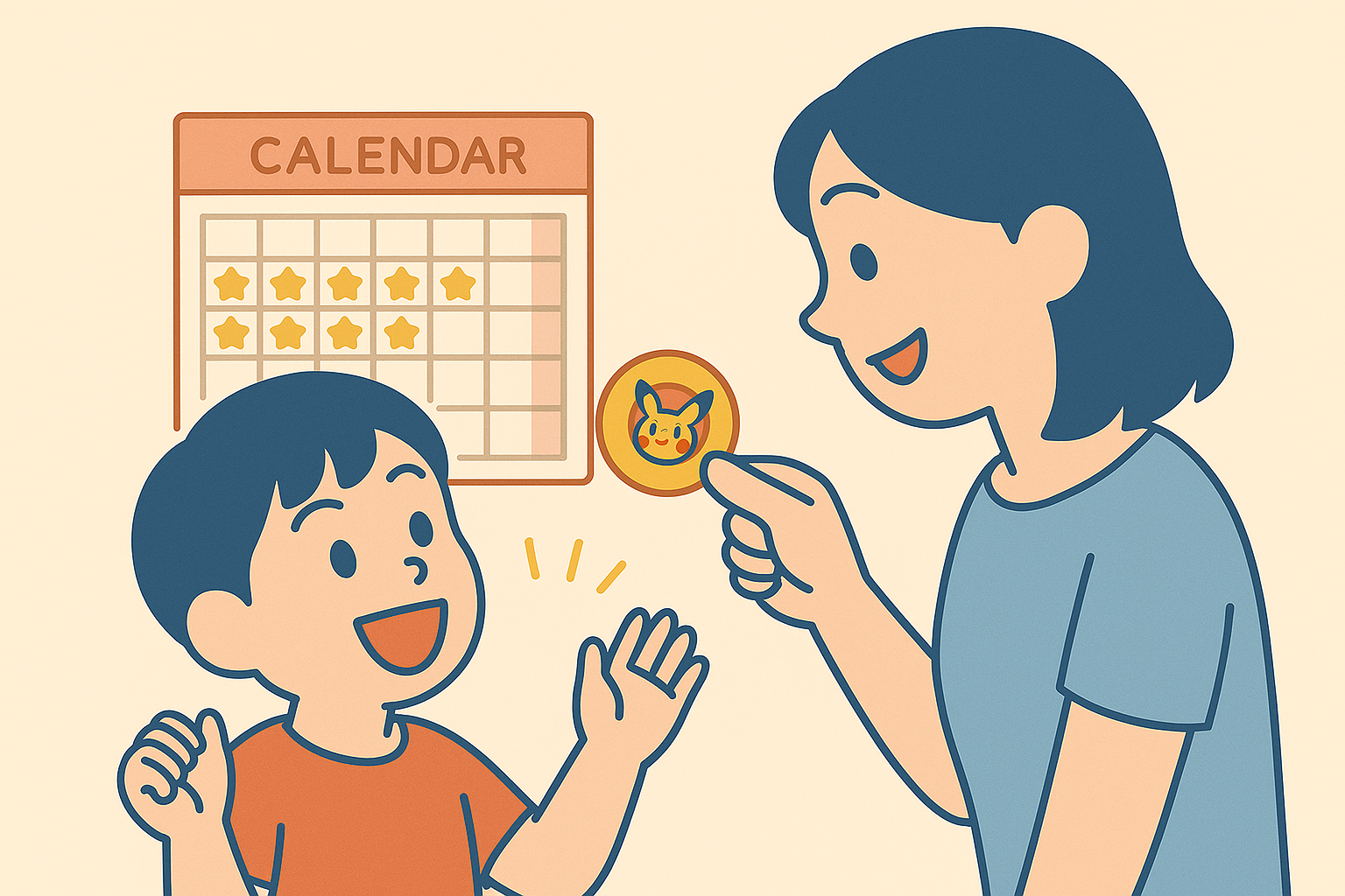 ゴールドスター報酬を手渡す親と喜ぶ子ども（変動報酬）