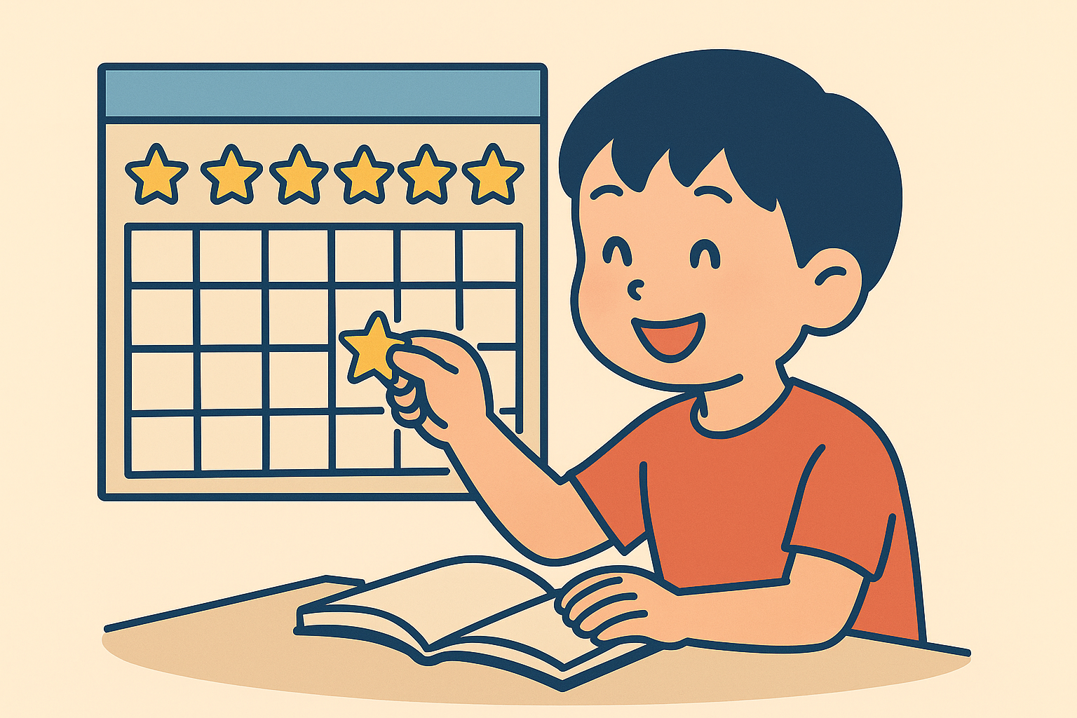 カレンダーの空白マスに星シールを貼る子ども（見える化）