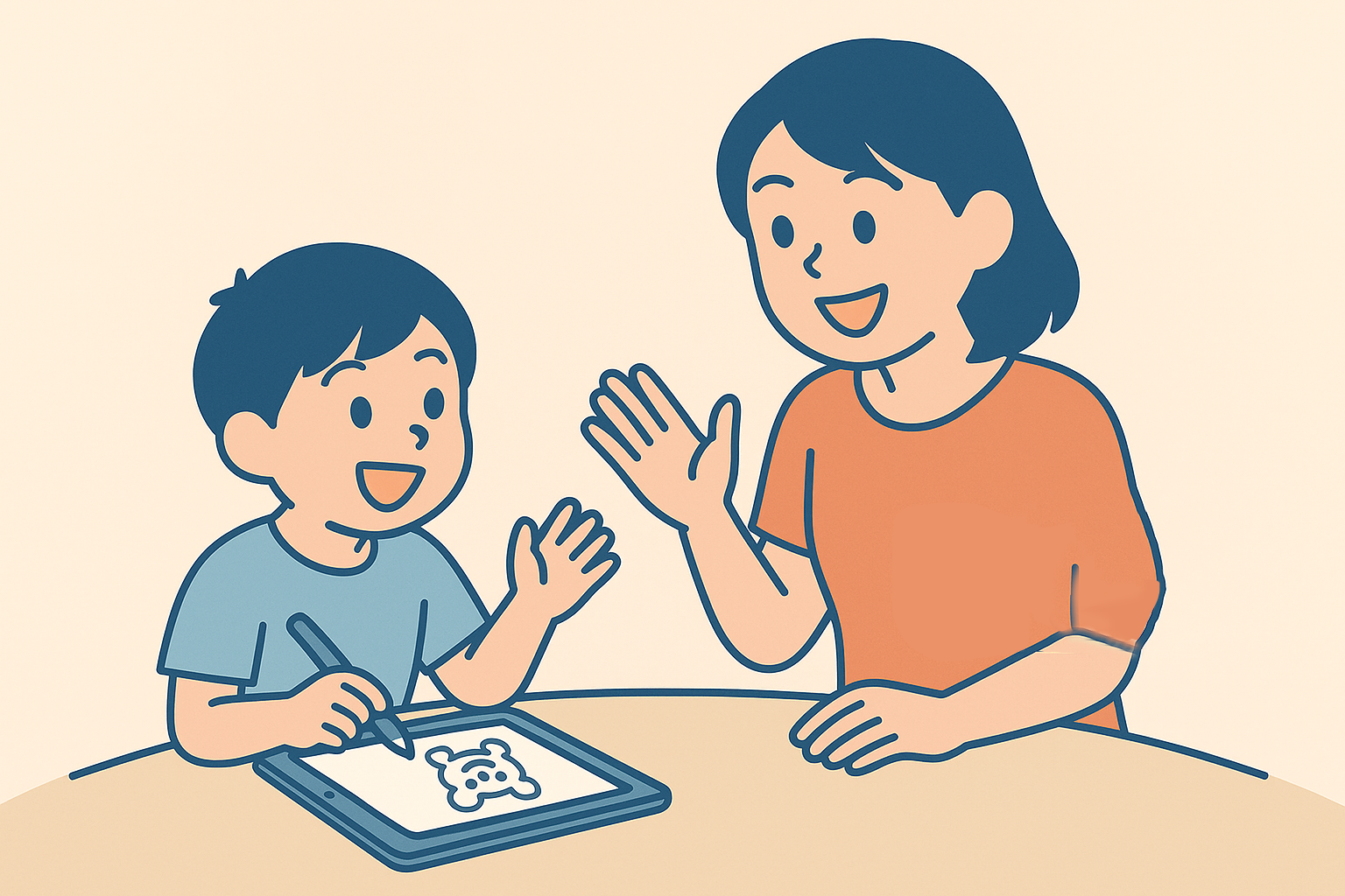 落書きを交えながら親に説明する子ども（二重符号化）