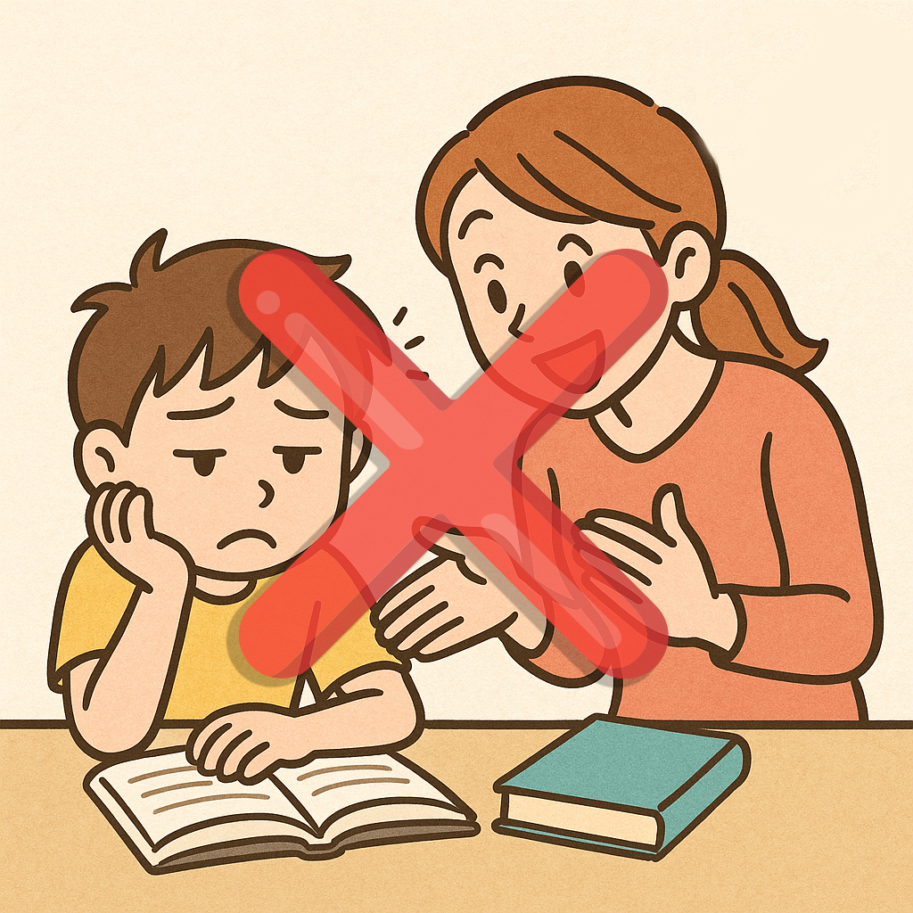 退屈そうな子どもに無理に続けさせようとする親。ダメな例のイラスト