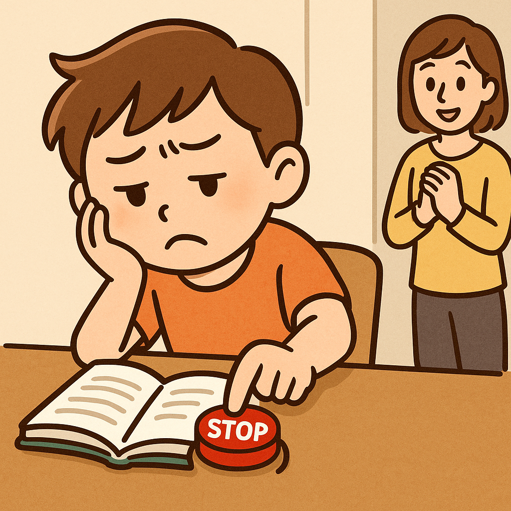 手元の仮想ストップボタンを押しそうな子どもを、遠くから見守る母親のイラスト